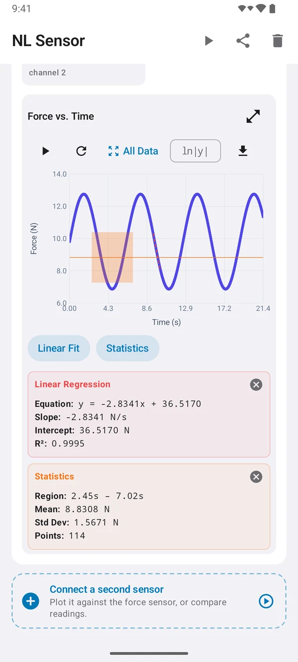 หน้าจอแอป NL Sensor แสดงกราฟแรงกับเวลา
